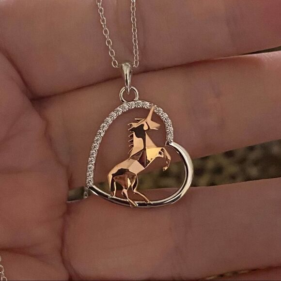 Unicorn in Heart Two-Tone Sterling Silver Rose Gold Necklace - Picture 4 of 4
